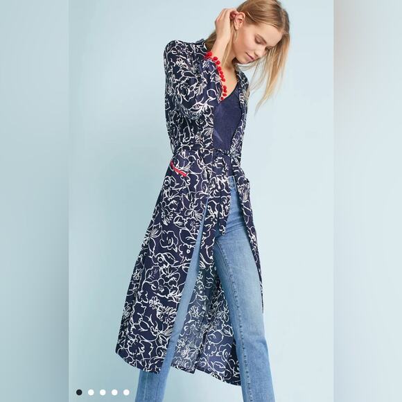 Misa Azores Tasseled Navy Blue & White Floral Long Sleeve Tie Long Kimono XS NEW - Picture 1 of 13